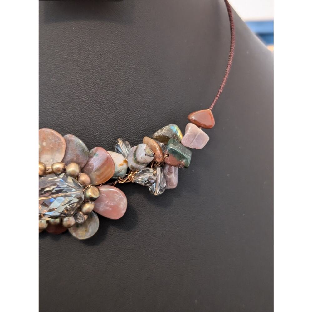 Handmade Wired Stone Flower Crystal Bead Wire Cord Collar Necklace - Picture 5 of 7
